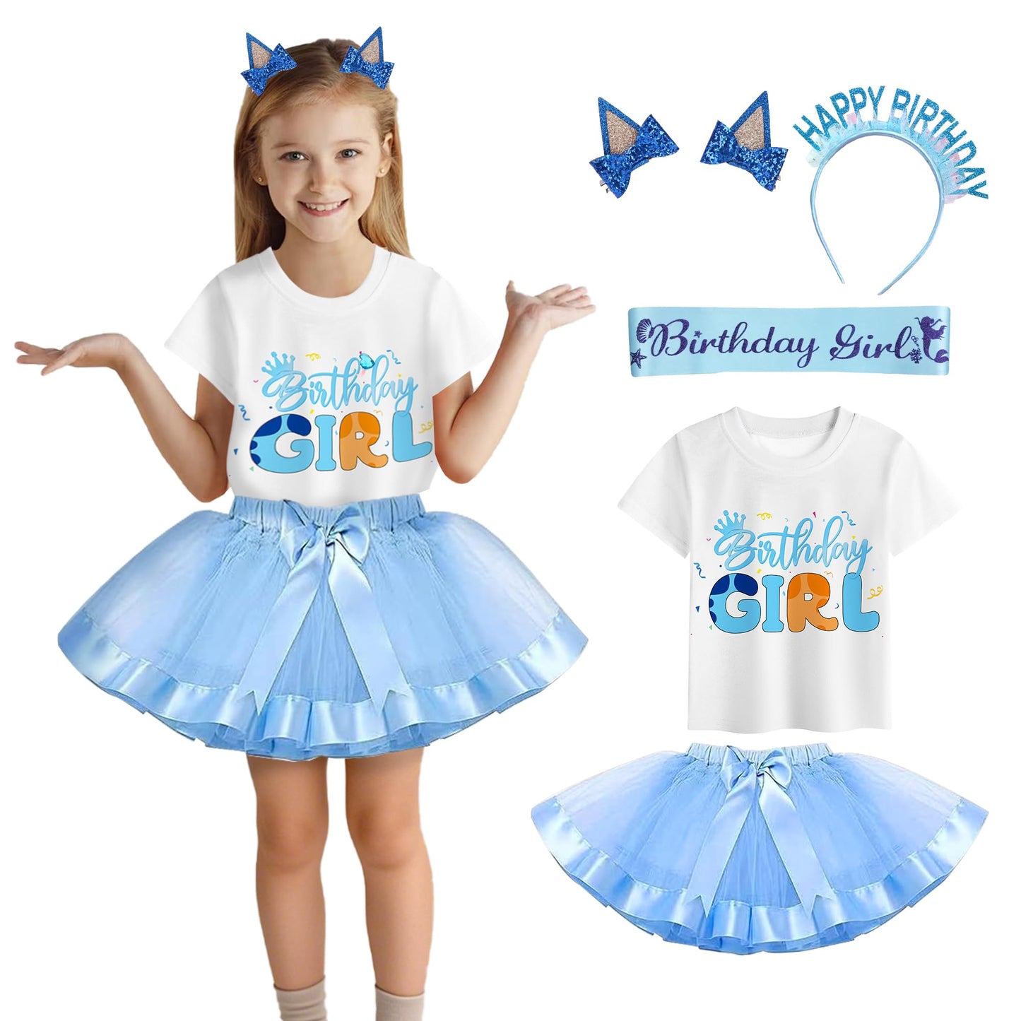 Yodison Little Princess'S Birthday Costume,T-Shirt And Tutu Dress,Headband Satin Sash Birthday Party For Cute(90Cm/2T) Blue