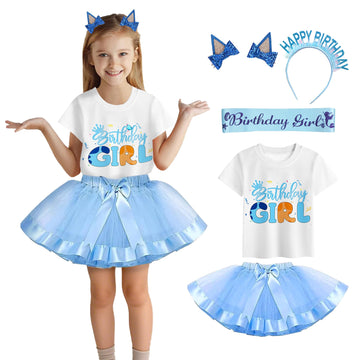 Yodison Girls Birthday Costume,T-Shirt And Tutu Dress,Headband Satin Sash Birthday Party For Kids(120Cm/5-6T) Blue
