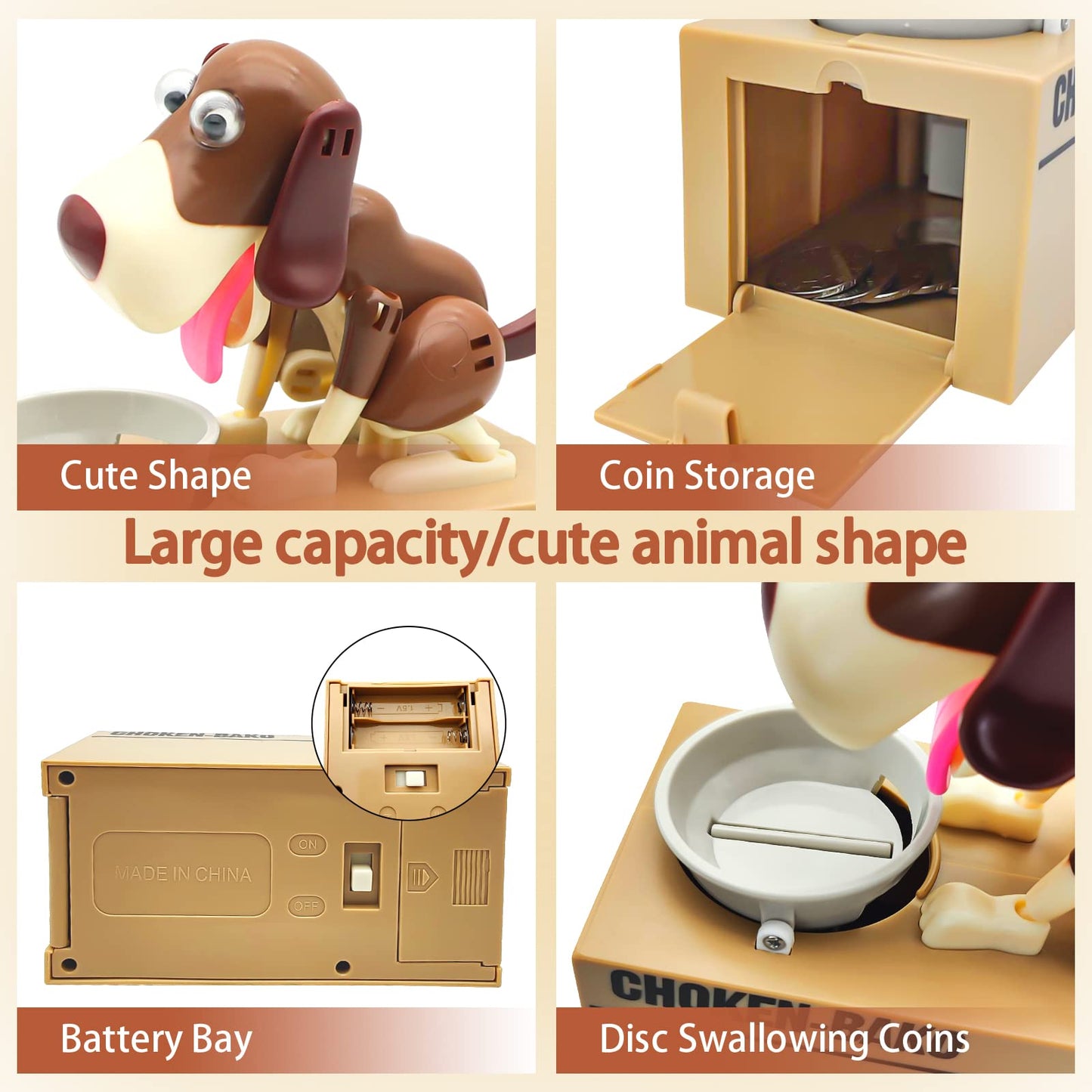 Cute Dog Piggy Bank,Saytay Hungry Puppy Stealing Coins Like Magic Coin Munching Money Bank Birthday Gift For Kids (Brown)