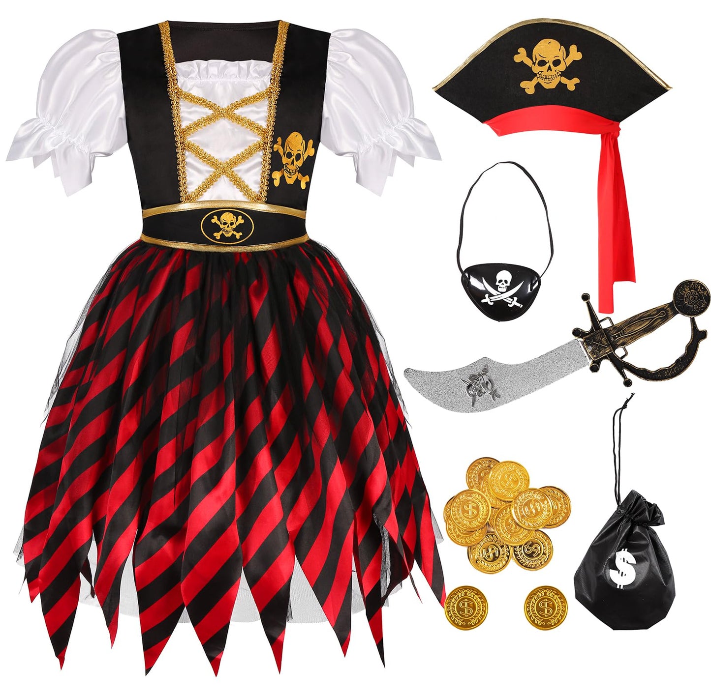 Bordazor Pirate Costume For Girls Pirate Cosplay Dress Up Set For Halloween (7-9 Years)