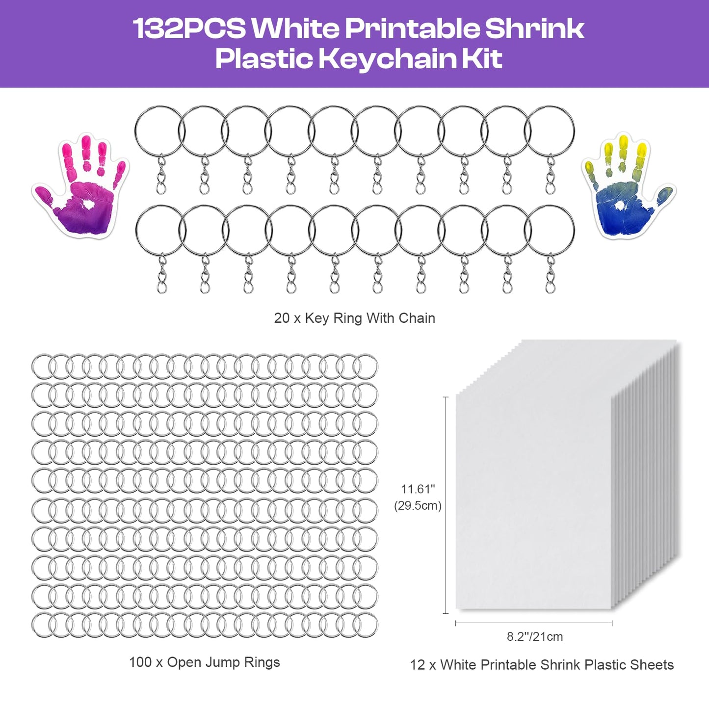 Ayfjovs 132 PCS Printable Shrink Paper Keychain Kit, Includes 12 Sheets White Printable Shrink Papers, 100 Jump Rings, 20 Key Ri