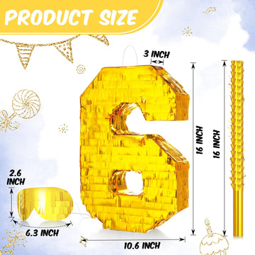 Sratte Number Piñata Birthday Piñata Decorations Gold Foil Piñata With Stick Blindfold Confetti For Boy Girl Birthday Party Decorations Anniversary Celebrations Fiesta Supplies(Number 6)