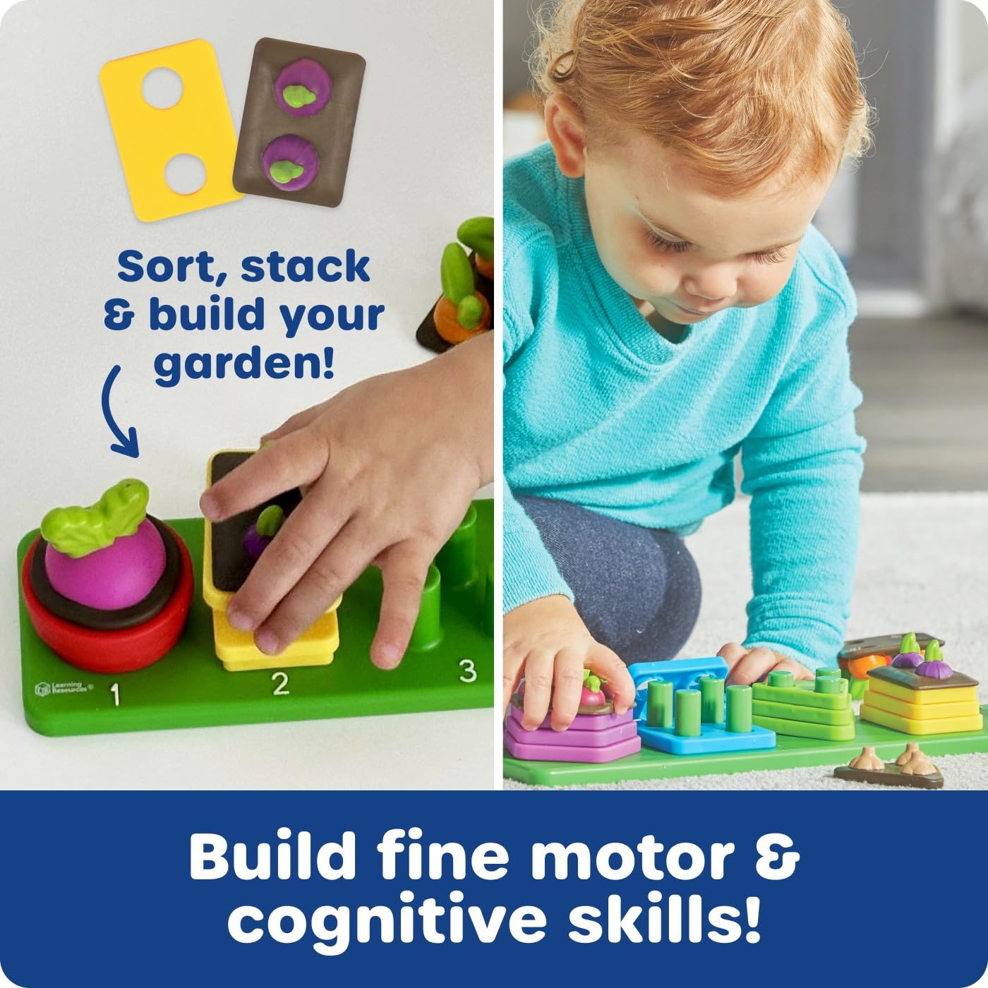 Learning Resources Stacking Shapes Garden Puzzle Board, 13.2"x7.1", Fine Motor Skills, Green/Orange/White, Model LER9810
