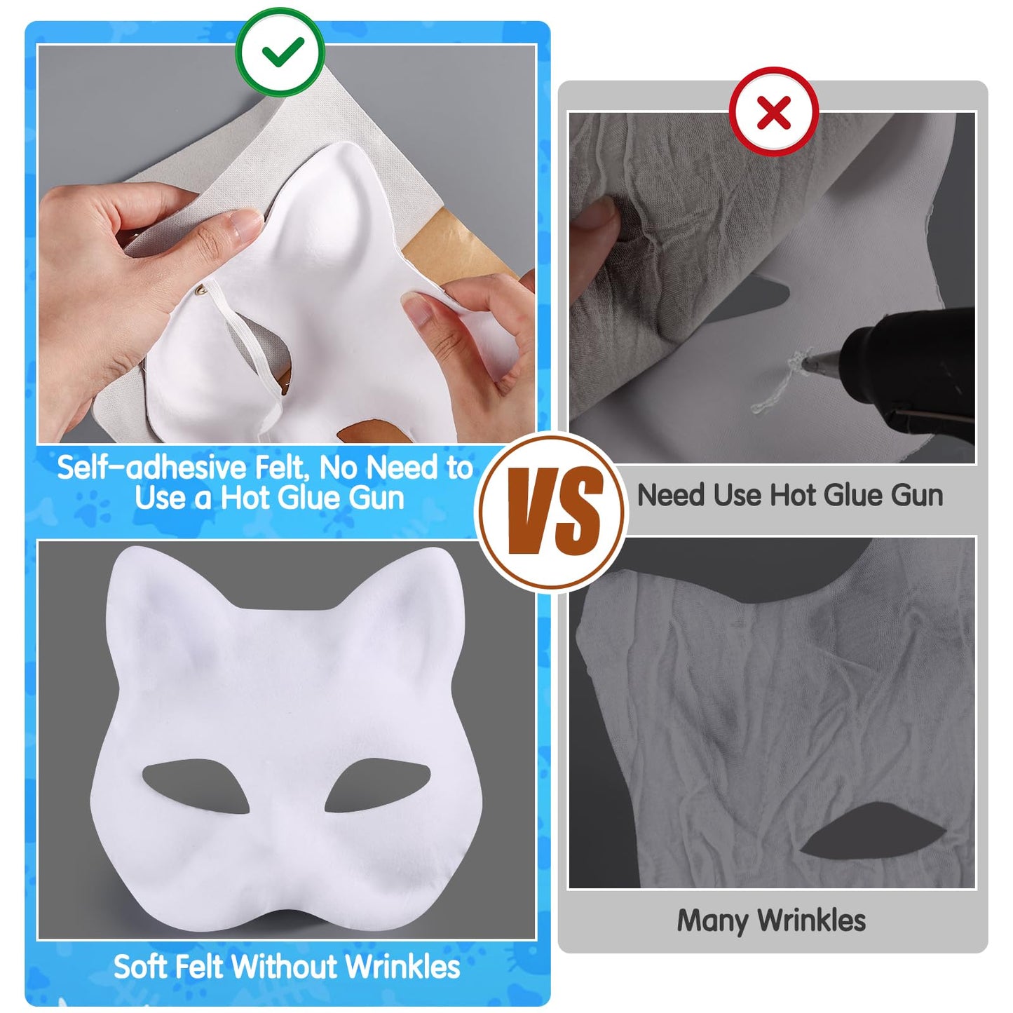 Draupnir 6Pcs Therian Mask Kit Cat Fox Mask with Felt Fabric Sheet, Fur and Eye Mesh, DIY Blank White Paper Cat Face Mask to Pai