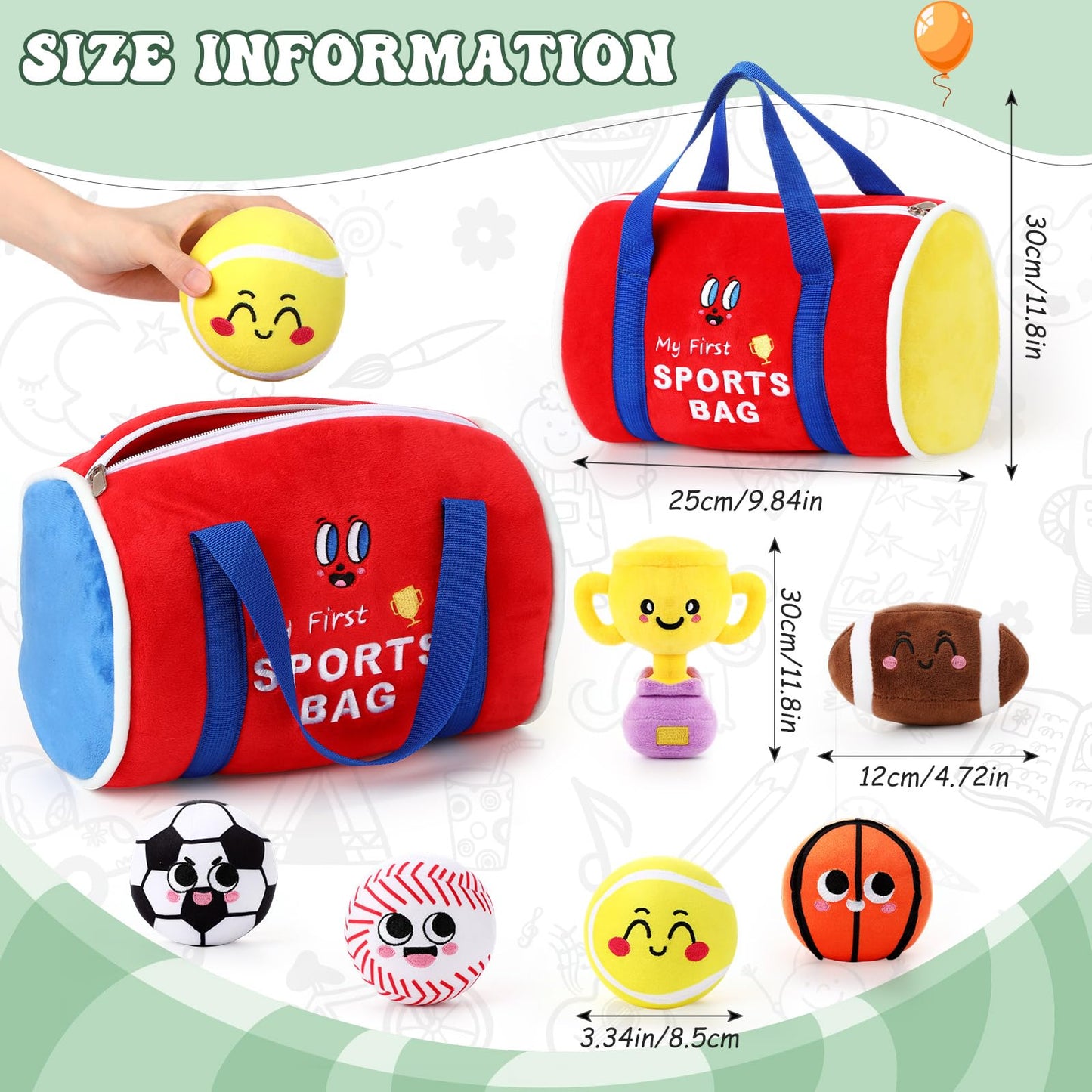 HyDren My First Sports Bag Plush Toys Playset - 7 Pcs Baby Sports Balls & Trophy for Toddlers, Small & Medium, Plush, Model MF4234