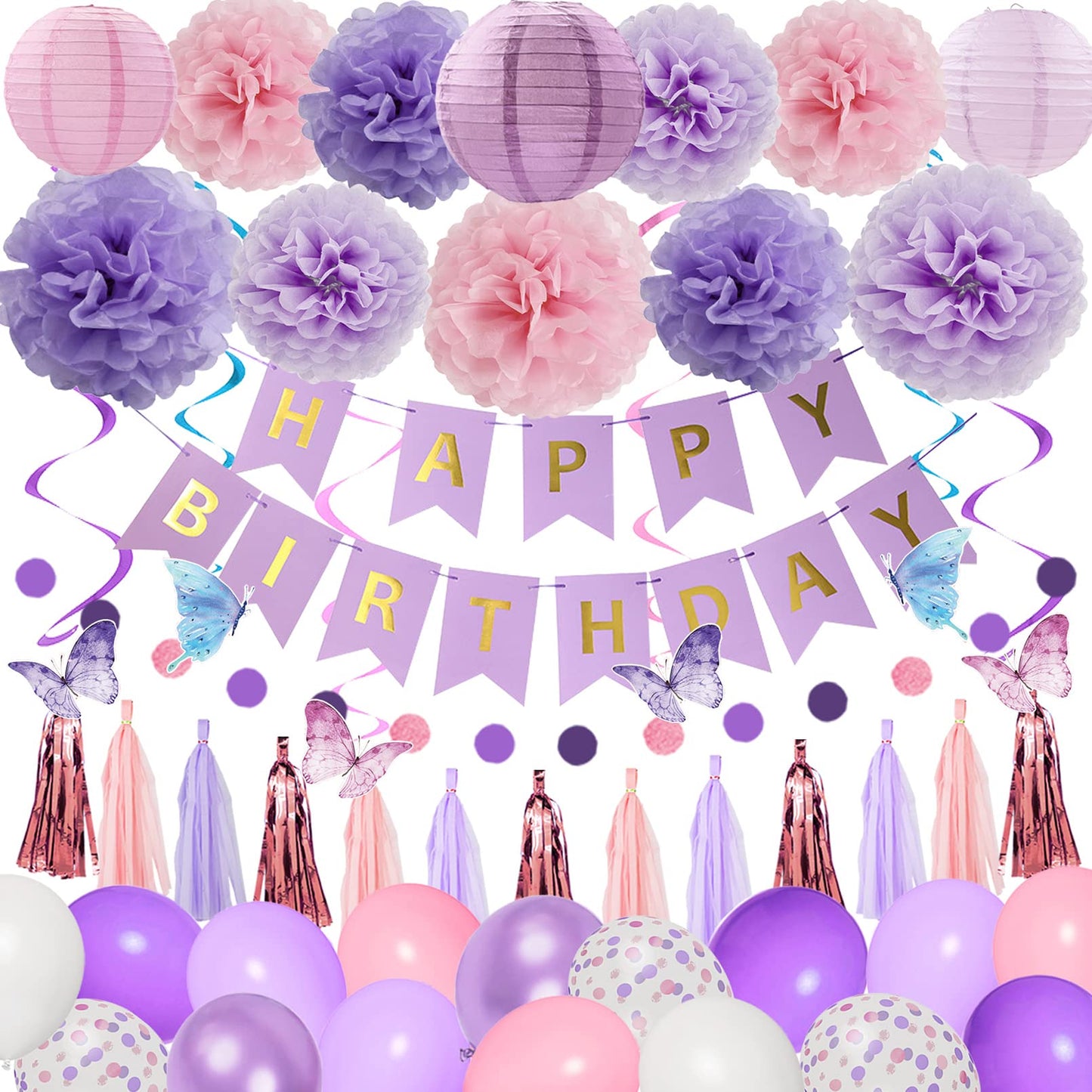 Amandir Purple Birthday Decorations For Women Girl Butterfly Birthday Party Decorations Supplies Pink And Purple Balloons Happy