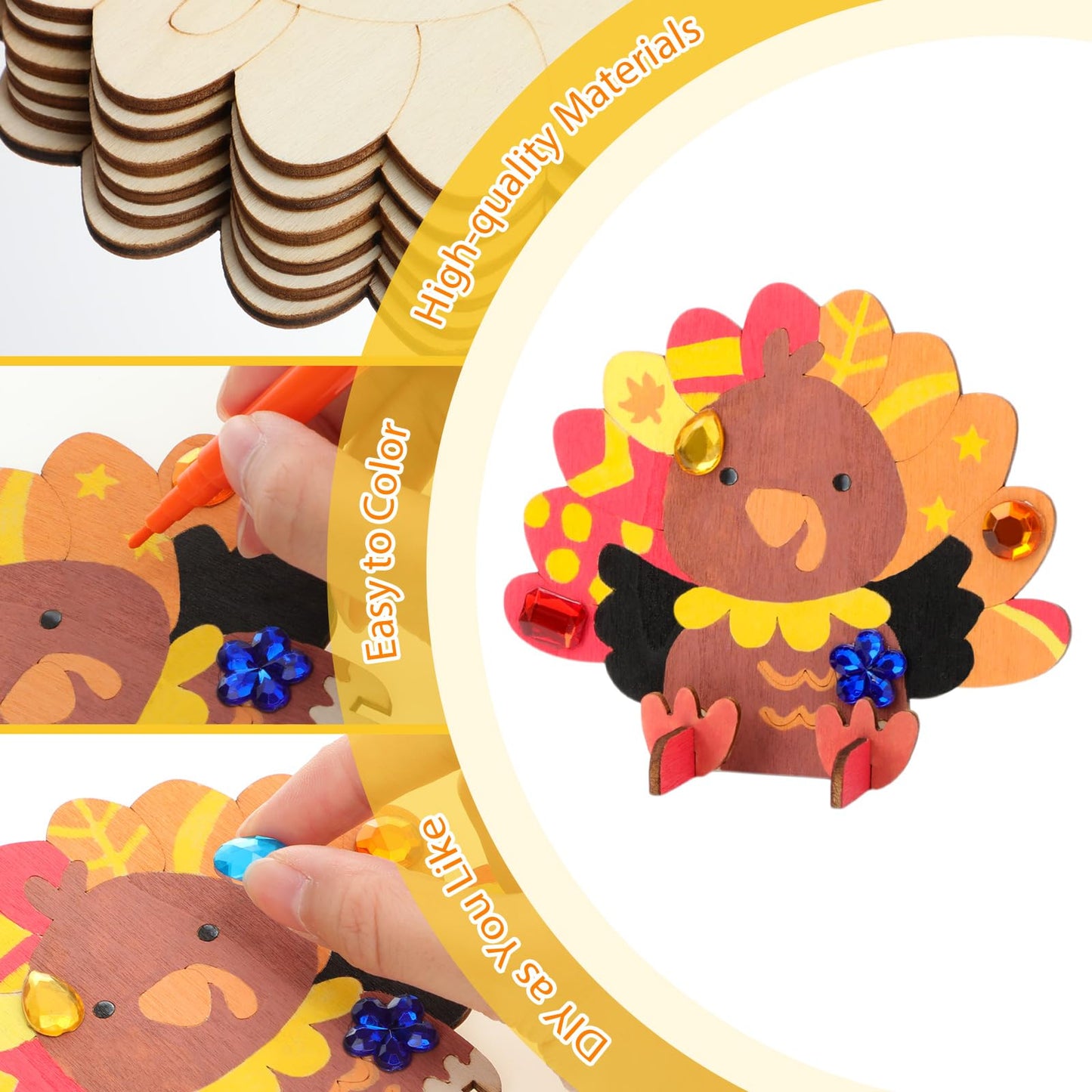 Blueweenly 48 Set Fall Thanksgiving Sitting Turkey Craft Kit for Kids DIY 3D Wooden Turkey Painting Kit with Watercolor Pens Acr
