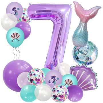 Bearfun 40In Purple Number 7 Balloon, Giant Large 7Th Birthday Decoration, Mermaid Balloons, Children'S Party Supplies