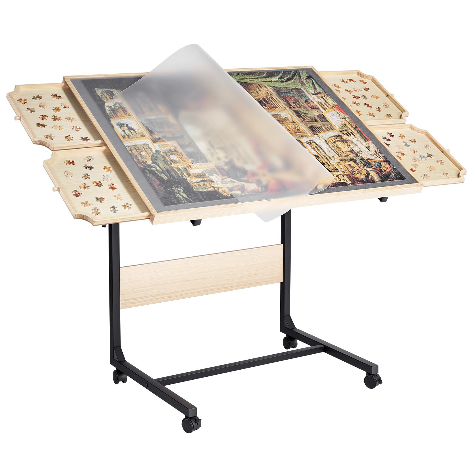 VEVOR 1500 Piece Puzzle Table with Legs, 4 Drawers and Cover, 34x25 in Portable Wooden Board with Wheels, Jigsaw Puzzle Accessor