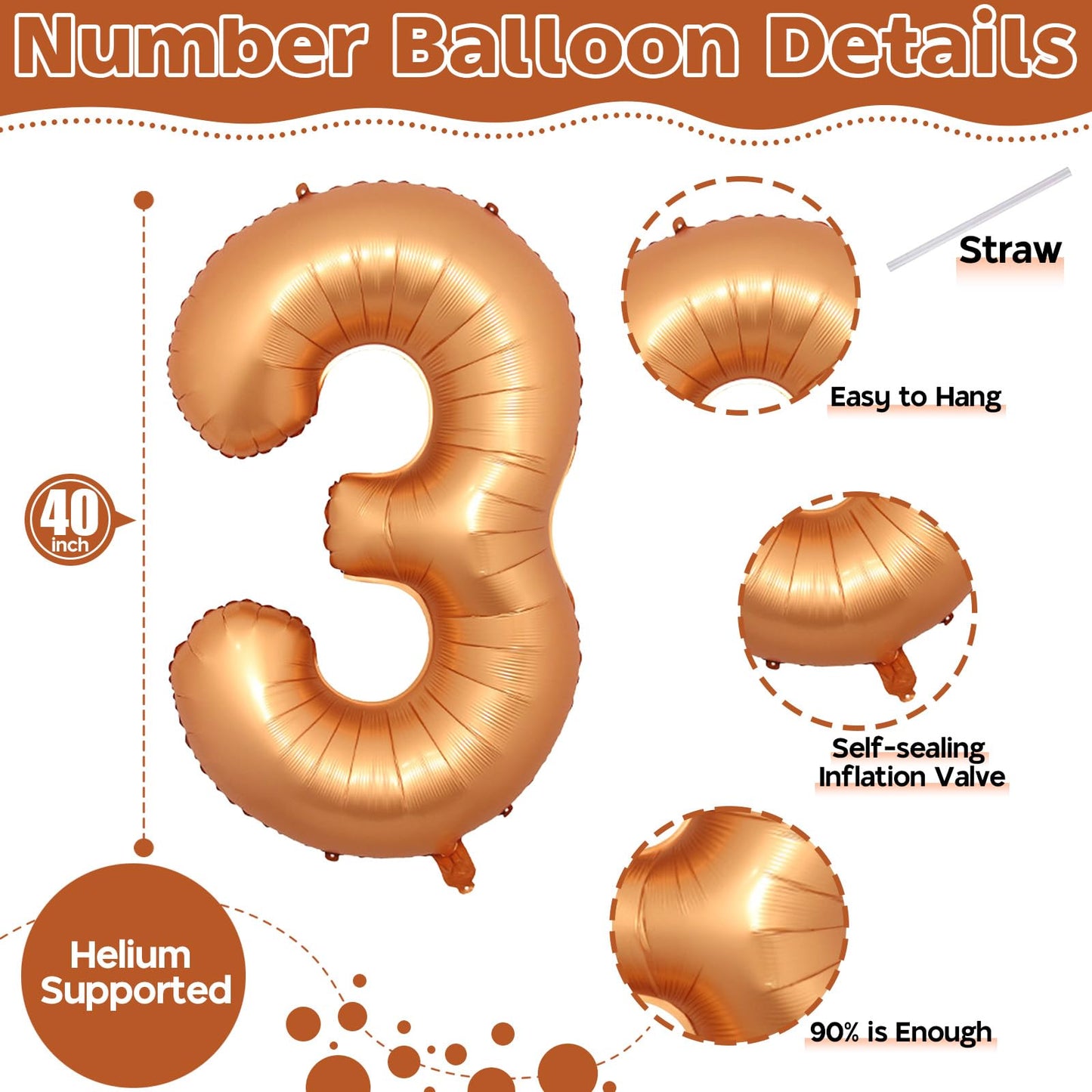 3Rd Birthday Number Balloons For Girls, 40 Inch Foil Self Inflating 3 Balloons Decor, Helium Large Mylar Orange Number 3 Balloon