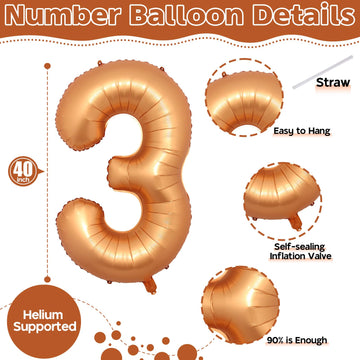 3Rd Birthday Number Balloons For Girls, 40 Inch Foil Self Inflating 3 Balloons Decor, Helium Large Mylar Orange Number 3 Balloon