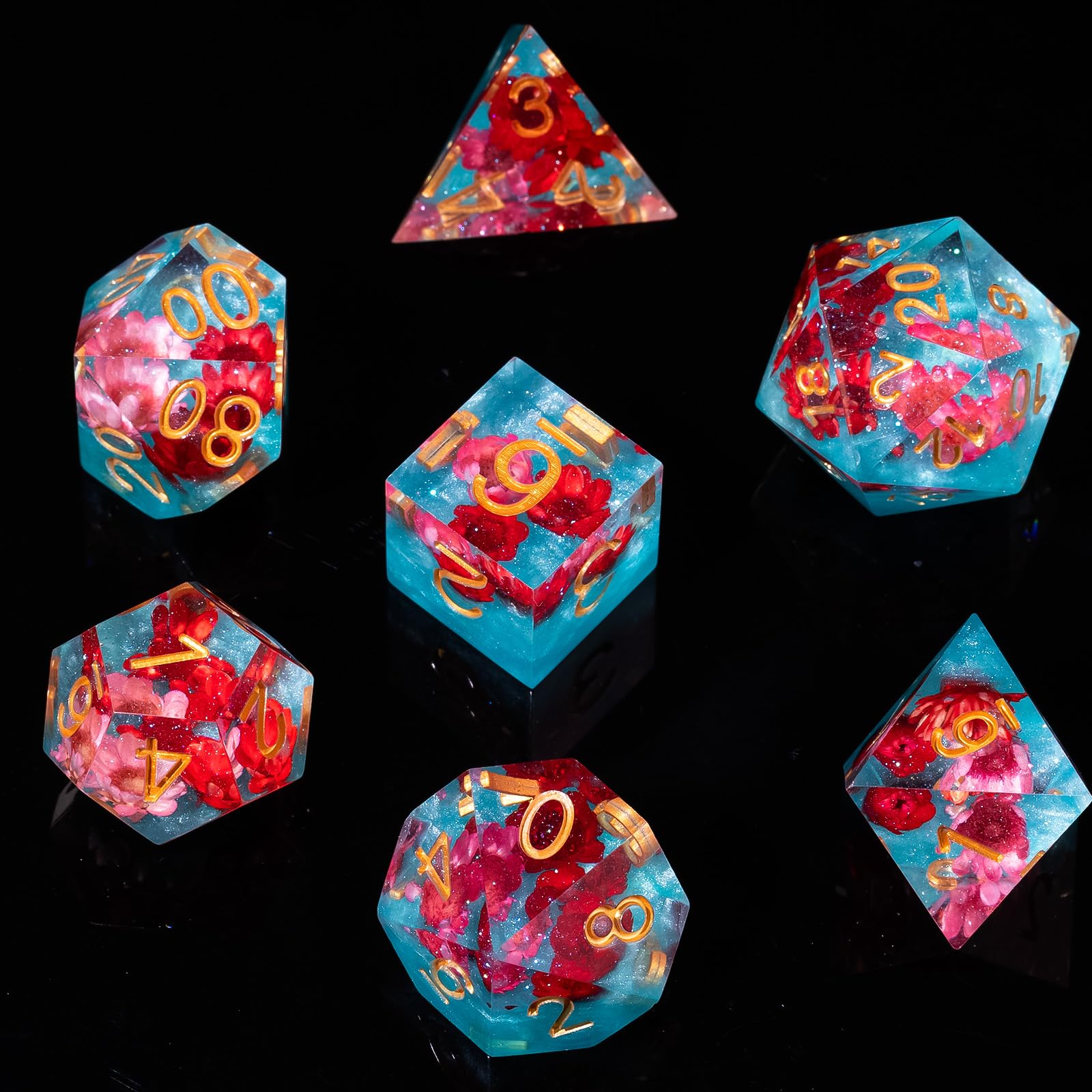 FugaCity 7-Piece Resin Polyhedral D&D Dice Set with Gift Case (Red Flower & Blue, Standard Size)