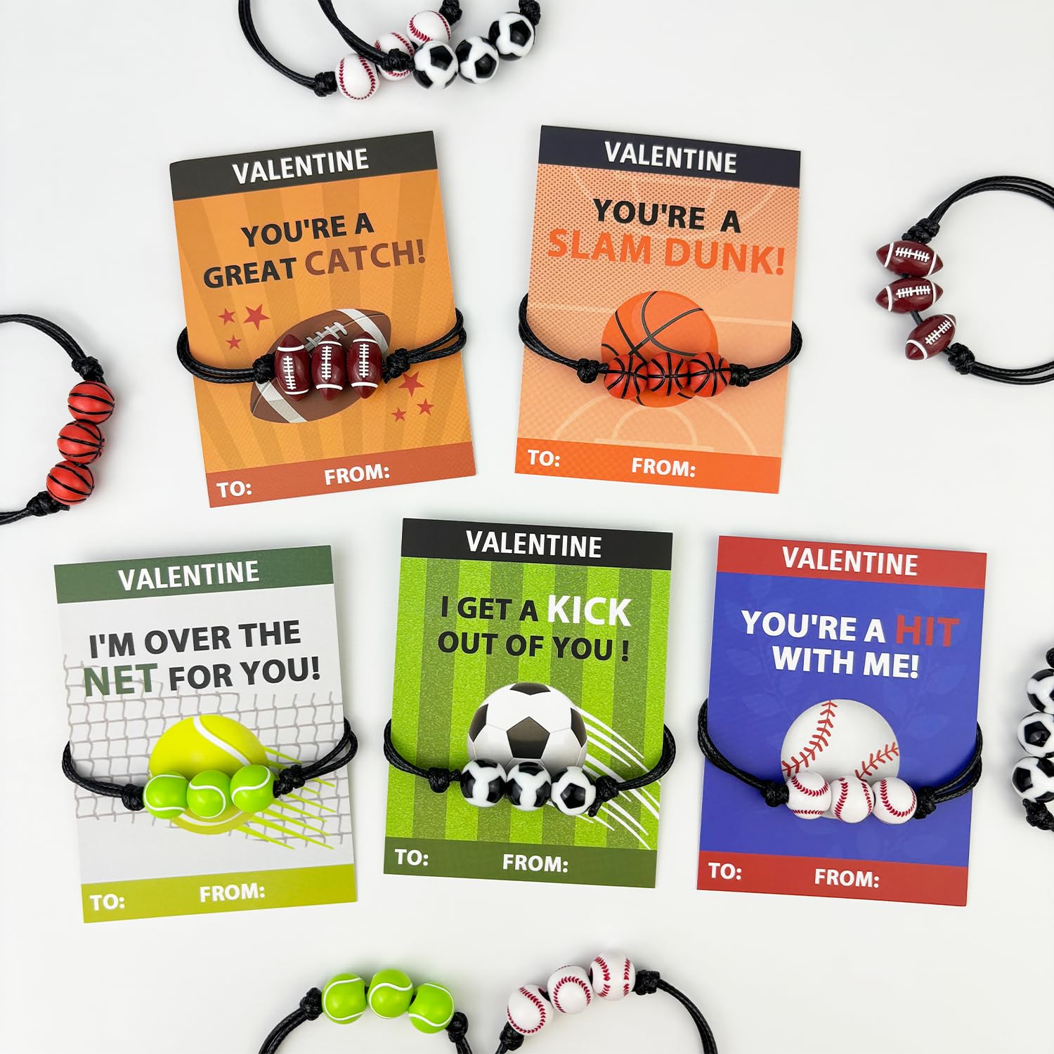 Sports Valentines Day Gifts Cards with Bracelets for Kids Classroom,30 Pack Adjustable Bracelets for Boys Girls,Valentine Non Ca