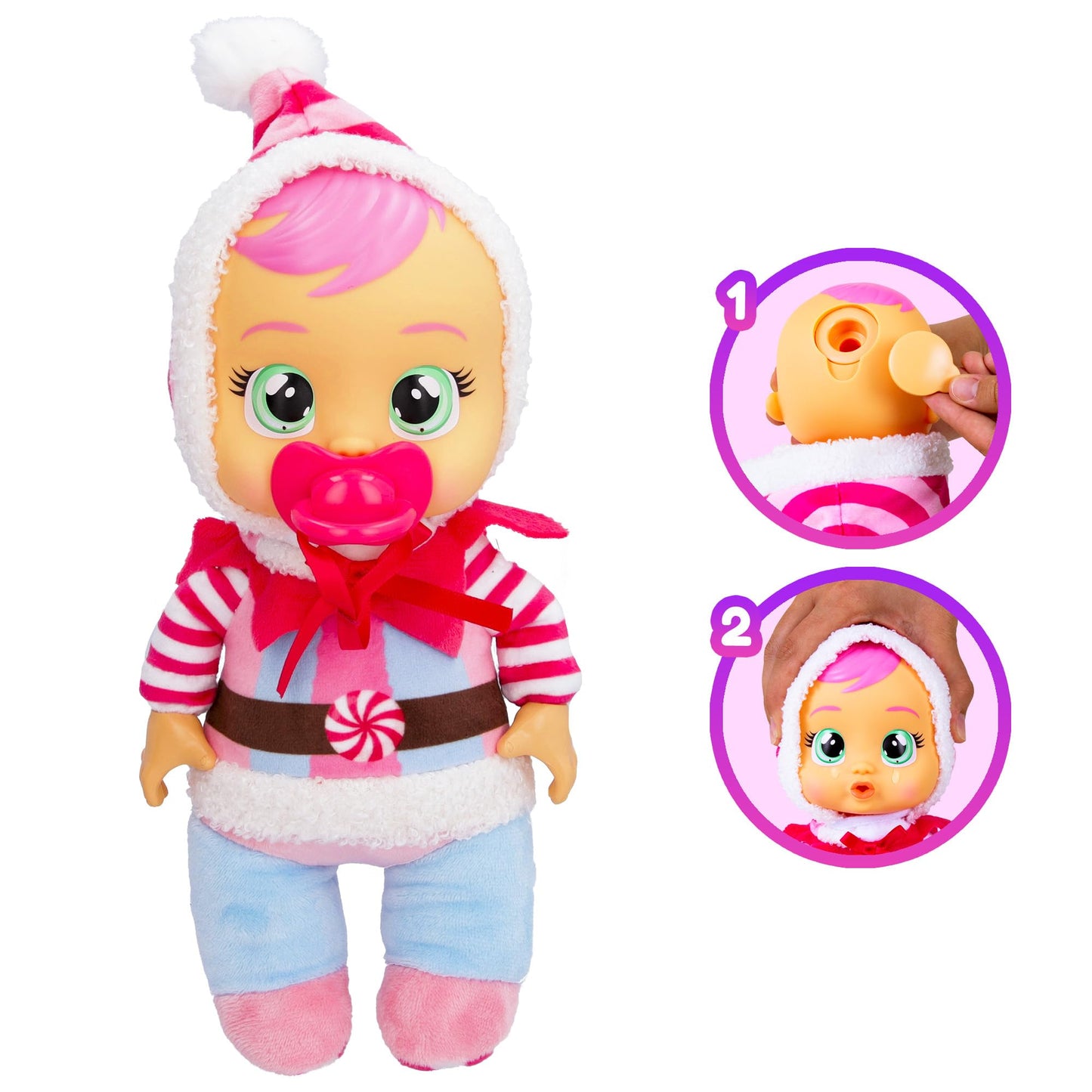 Cry Babies Tiny Cuddles Christmas Pixy - 9' Baby Dolls, Cries Real Tears, Red And White Candy Cane Themed Pajamas