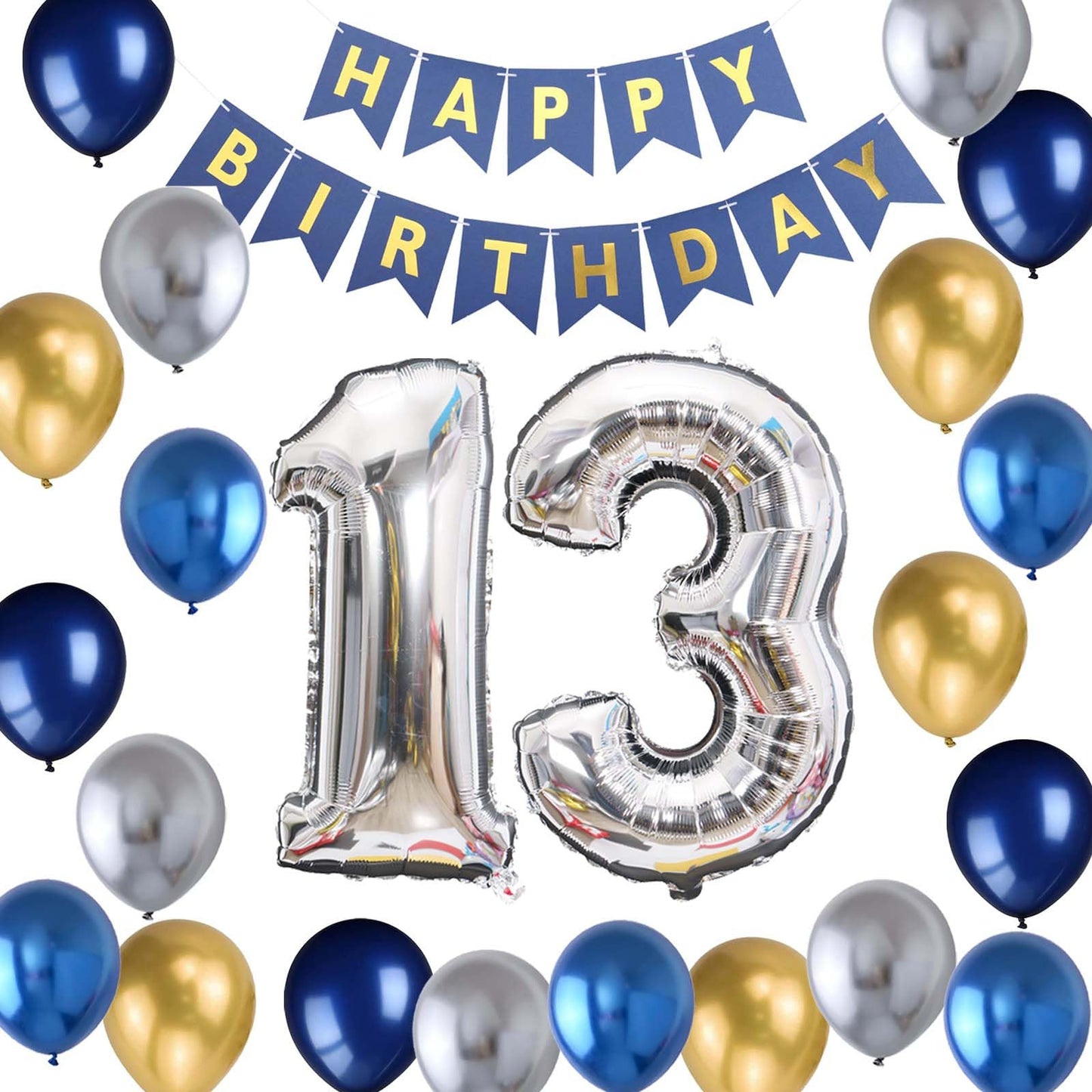 13Th Birthday Party Decoration For Boys, Birthday Banner Blue Number 13 Birthday Balloons Metallic Silver Blue Gold Latex Balloo