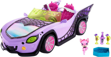 Monster High Toy Car, Ghoul Mobile with Pet & Cooler Accessories, Purple Doll-Sized Convertible with Spiderweb Details