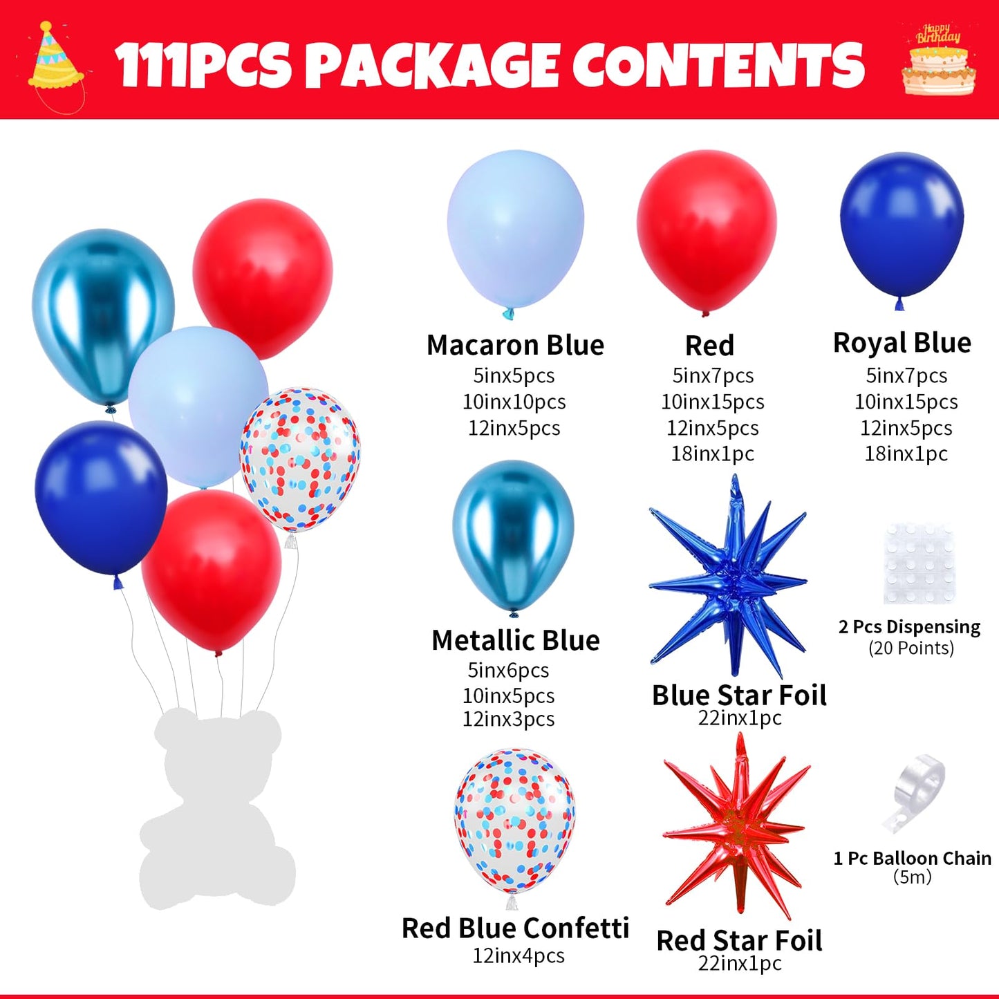 Biapian Red And Blue Balloon Garland Arch Kit, 111 Pcs Red Blue Confetti Balloons Baby Blue Metallic Blue Latex Balloons Foil St