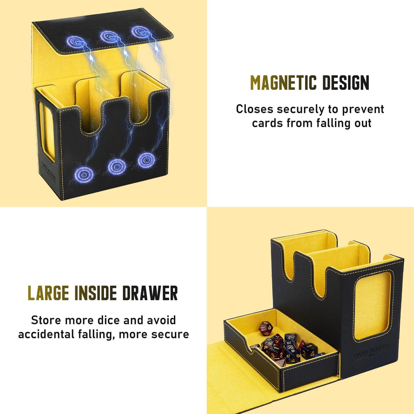 TiMOVO MTG Deck Box  MTG Commander Card Deck Box with Commander Display & Dice Tray Fits 400+ Unsleeved Cards  Leather Magnetic Card Storage Case with 6 Dividers for TCG CCG Magic Cards  Black+ Yellow