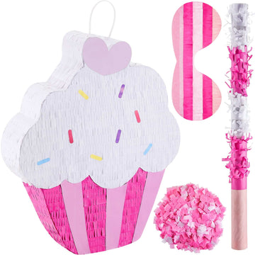 Sosation 15.7' Cupcake Piñata For Birthday Party Supplies With Stick, Blindfold And Confetti For Kids Girls Baby Shower Candy Donut Ice Cream Piñata Party Supplies Party Decoration Prop(Cute)