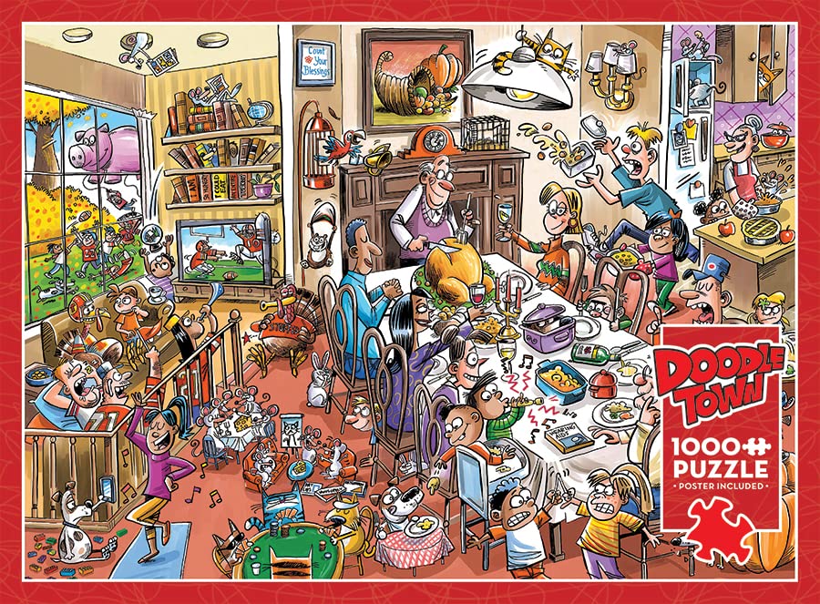 Cobble Hill 1000 Piece Puzzle - DoodleTown: Thanksgiving Togetherness - Cardboard, Model 44501, Sample Poster Included