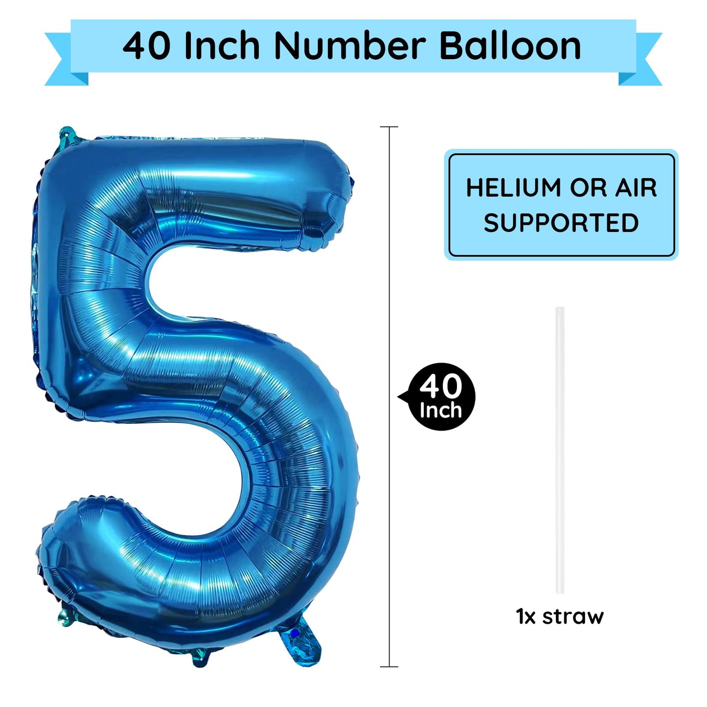 Paticool 40 Inch Blue Number Balloon 5, Large Number Foil Balloons Mylar For Girl Boy Birthday Party Celebration Decorations Sup