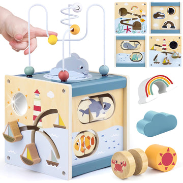 Wooden Activity Cube Montessori Toys For 1 Year Old Toddlers 12 Months + Toddler Learning Toys 1-3 Boys Girls Baby Sensory Interactive Birthday Gift