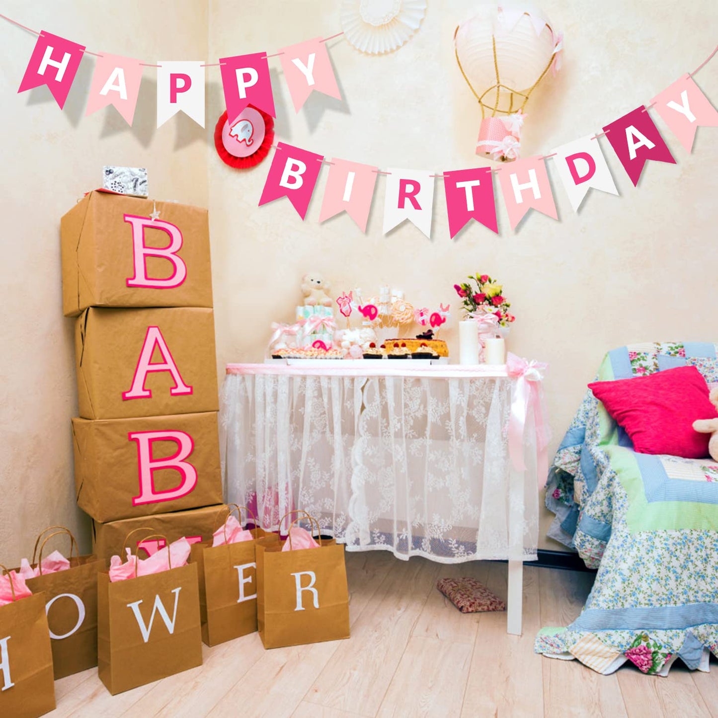 Eaezerav Pink Happy Birthday Banner - Paper Bunting Garland for Princess Party Decorations, Wall Hanging Supplies