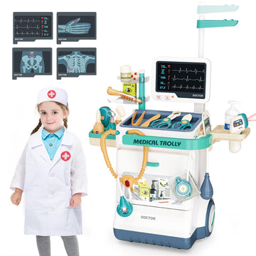 Sotodik Doctor Kit For Kids 28 Accessories Pretend Medical Station Set Mobile Cart With Lights,Thermometer, Stethoscope And Doct