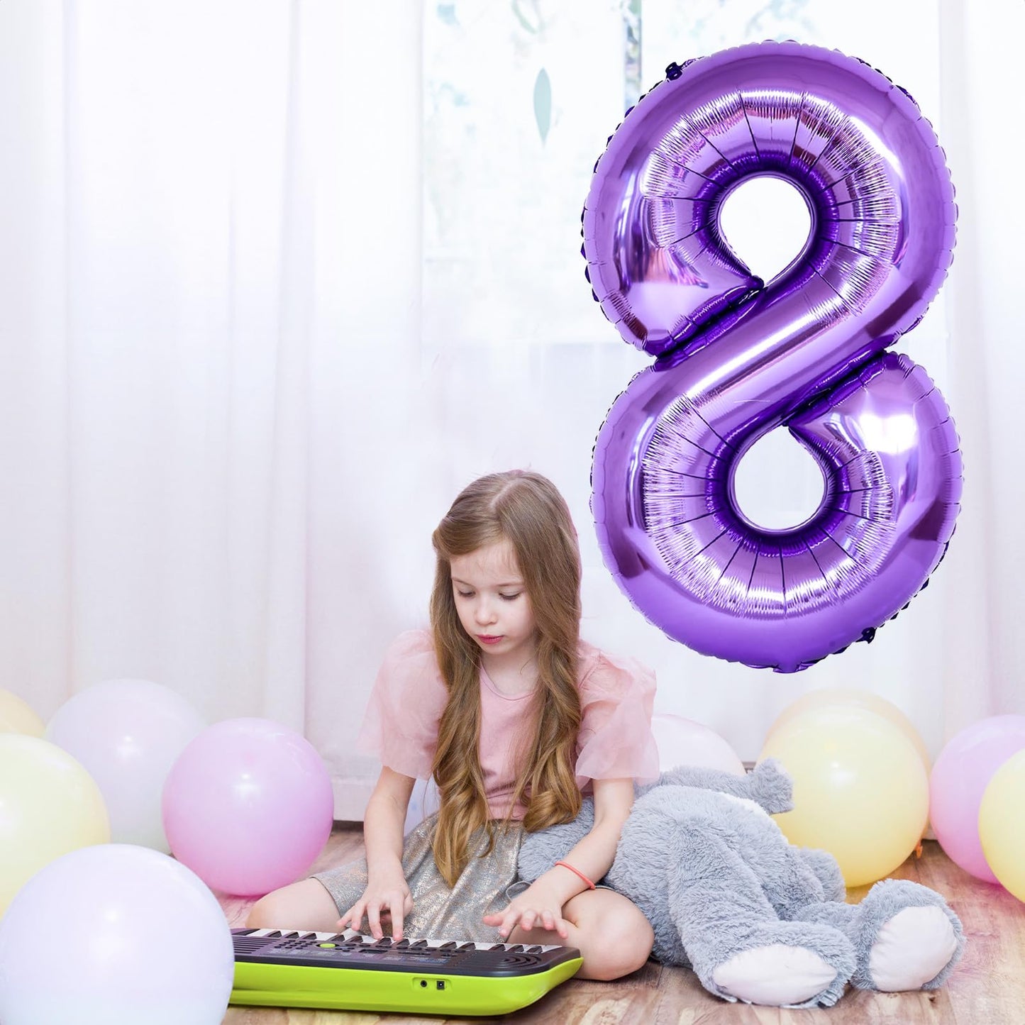 8Th Birthday Number Balloons For Kids, Self Inflating 40 Inch Purple Foil 8 Balllon, Large Number 8 Balloons For Girls 8 Years O