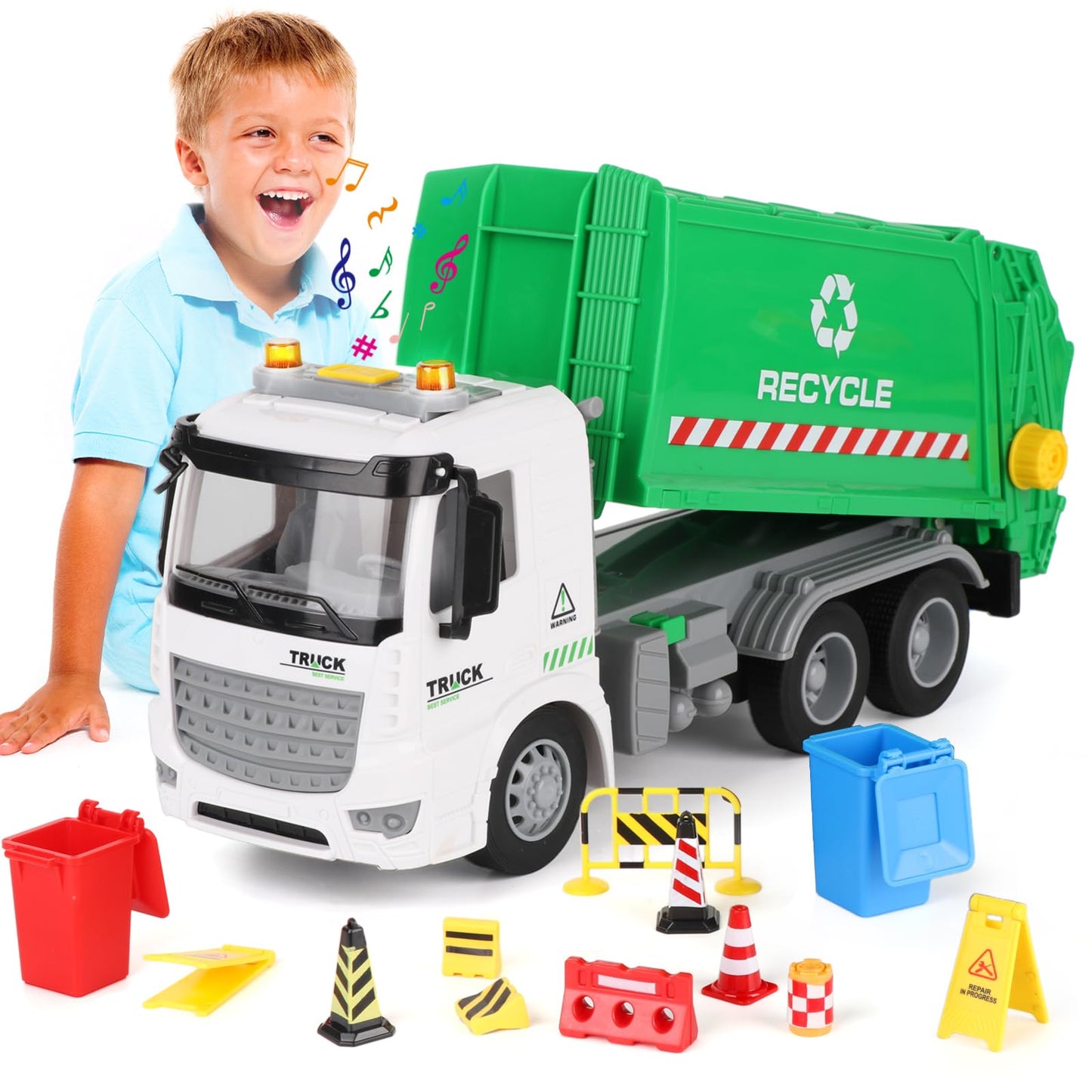 Mscredse 11.8'' Garbage Truck Toy With Dumping Function, Friction Powered Trash Truck Toy, Sound And Lights For Age 3-7 Years Ol