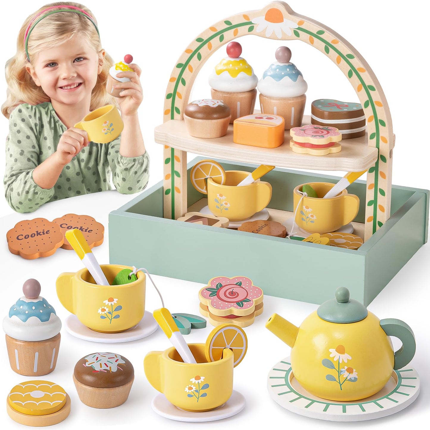 Toyssa Wooden Tea Party Set for Little Girls Toys Toddler Tea Set with Storage Cupcake Stand & Play Kitchen Accessories, Wooden 