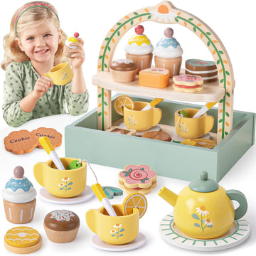 Toyssa Wooden Tea Party Set for Little Girls Toys Toddler Tea Set with Storage Cupcake Stand & Play Kitchen Accessories, Wooden 