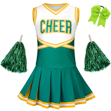 Grajtcin Girls Cheerleader Costume Kids Cheer Uniform Cheerleading Outfit Halloween Fancy Dress For 6-7 Years Hair Bow(130, Gree