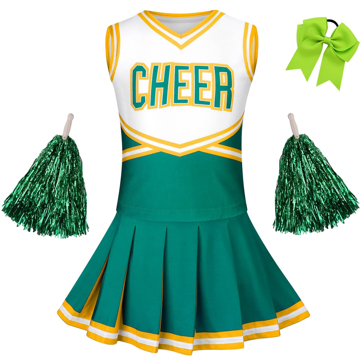 Grajtcin Girls Cheerleader Costume Kids Cheer Uniform Cheerleading Outfit Halloween Fancy Dress For 6-7 Years Hair Bow(130, Gree