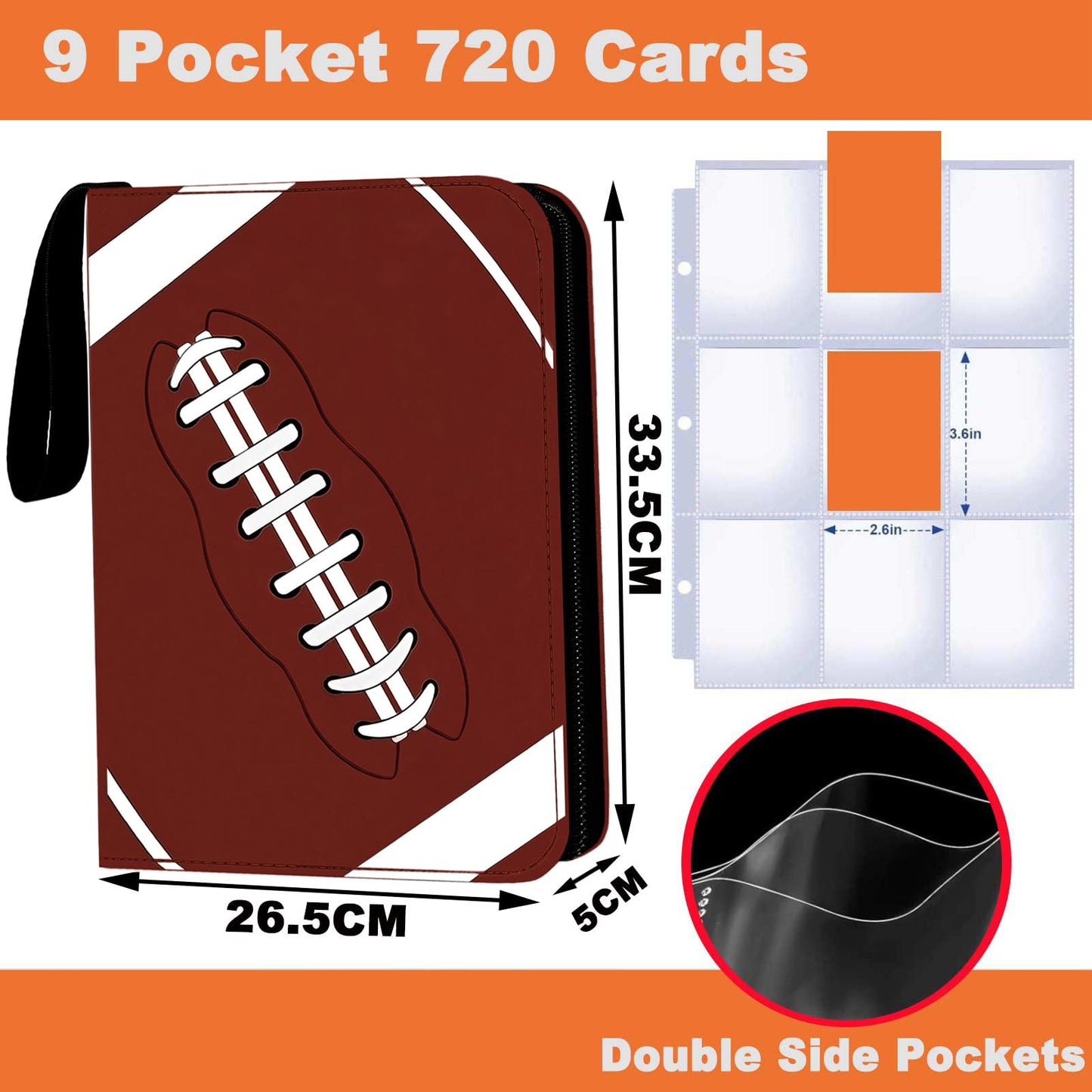 Card Binder 9 Pocket enhanced Zipper Trading Card Album 720 Cards Folders for Collectible MTG TCG Sports Cards Binder (Brown)