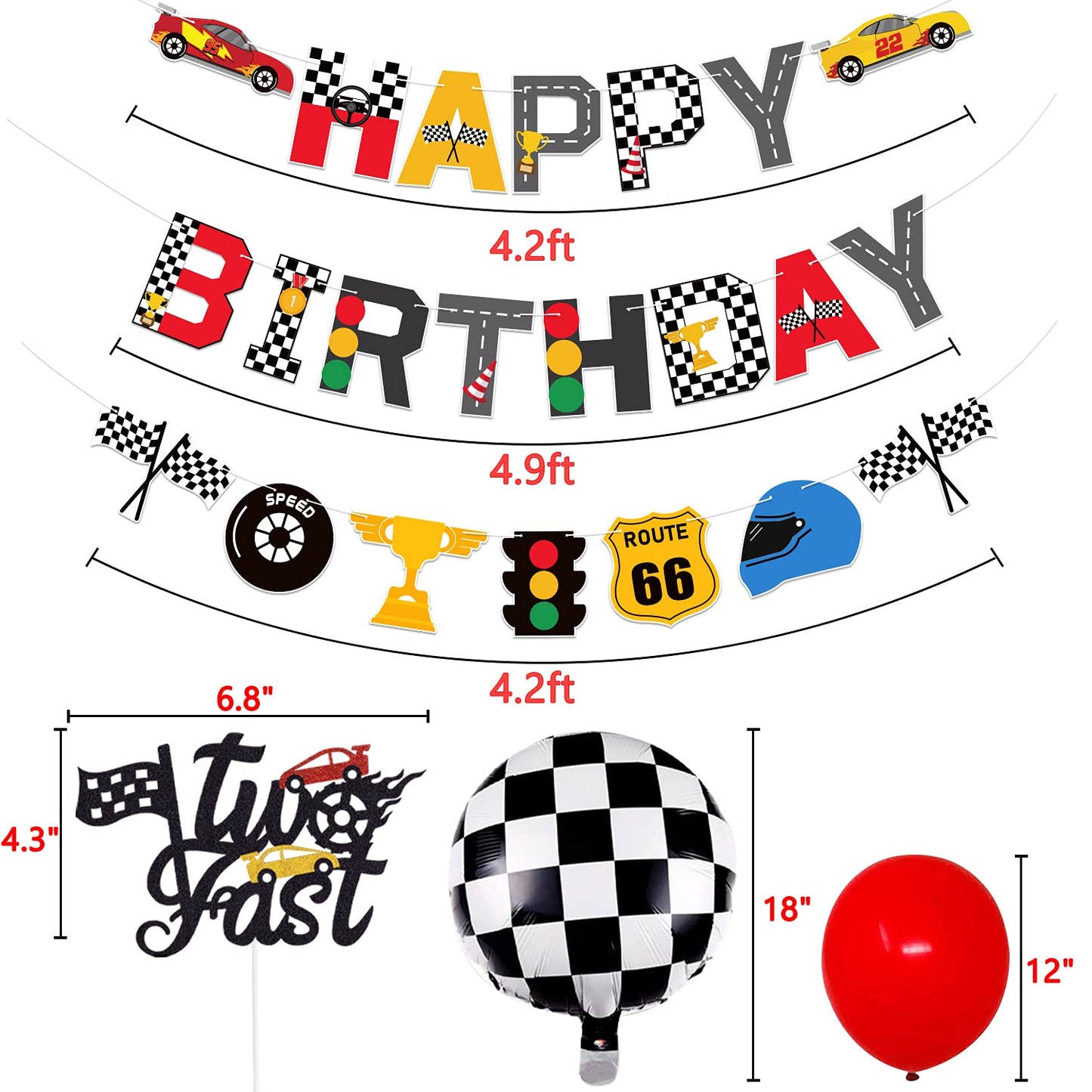 Race Car Two Fast Birthday Party Decorations, Birthday Banner And 2Nd Cake Topper Racing Chequered Flag Balloons Let'S Go Racing Theme Party Supplies