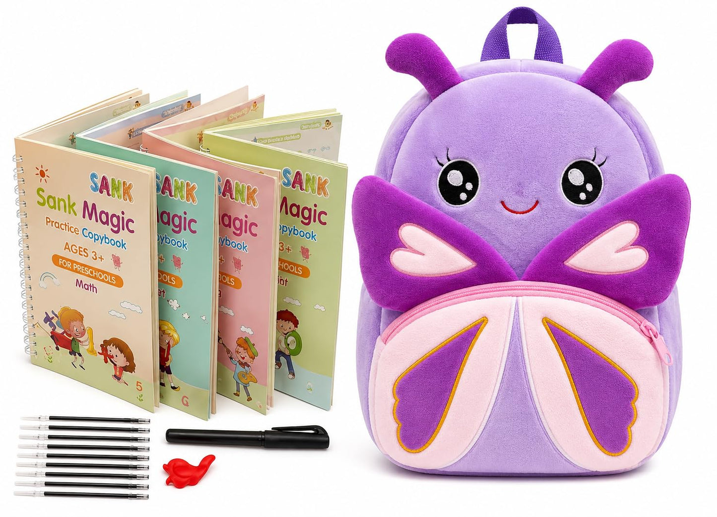 Luxiva Butterfly Plush Backpack With Magic Practice Copybook Set For Kids (25 Years) | Reusable Writing Workbook With Pen & Ref