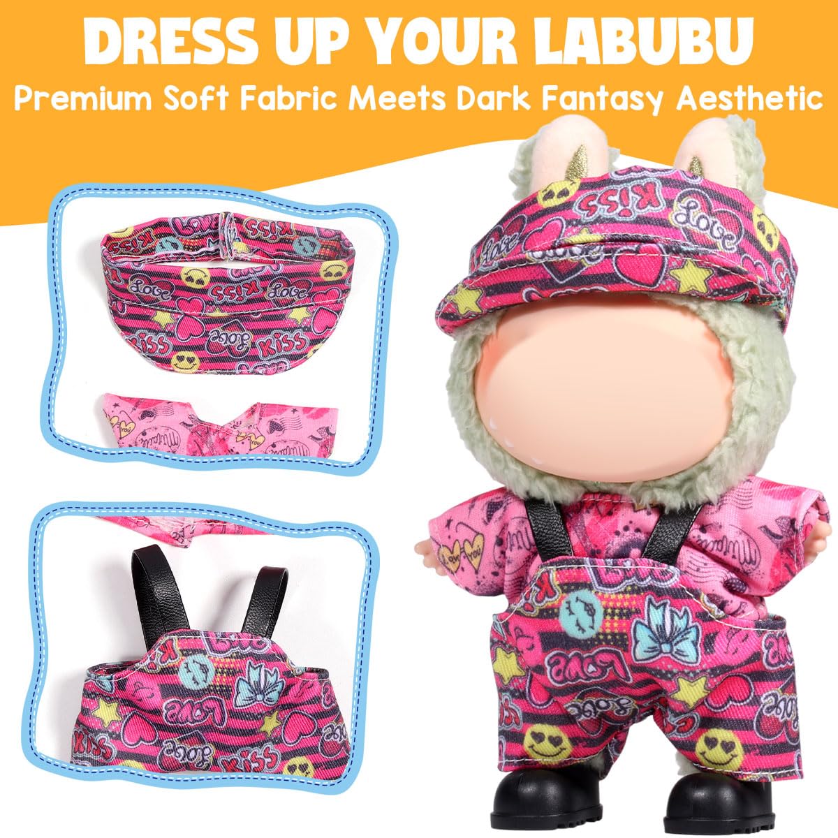 AICase for Labubu Clothes/for Labubu Outfits Clothes Set for 17cm Lububu Doll 3 Piece Set Hat Clothing for LA BUBU  Boys and Girls Stylish Adorable Dolls Clothes Accessories (No Doll)-4
