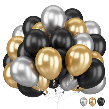Black And Gold Balloons Set, 12 Inch Black Gold Silver Balloon New Year Eve Party Decoration Black Silver Latex Balloons For New