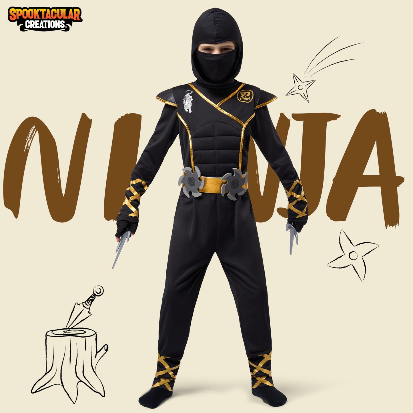 Spooktacular Creations Halloween Ninja Costume, Balck Golden Ninja Costume Kids, Ninja Accessories Costume Set, Ninja Dressing U