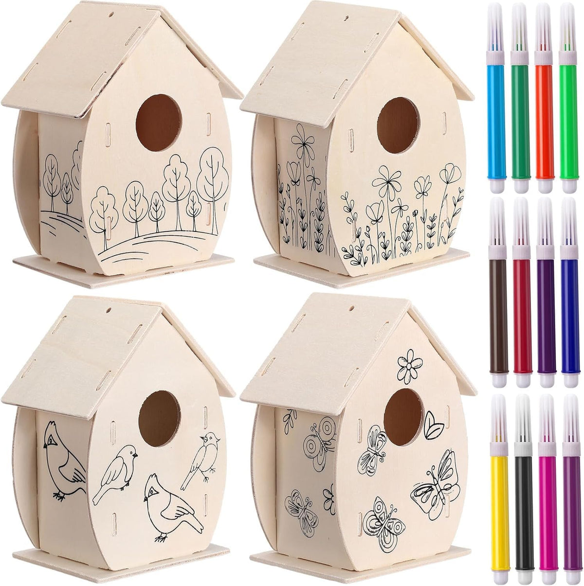 Haoser 4 Pcs Wooden Birdhouse Kit For Kids  5 X 7 Inch Diy Unfinished Wood Craft Houses To Build And Paint  Flower Design With