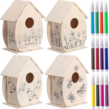 Haoser 4 Pcs Wooden Birdhouse Kit For Kids  5 X 7 Inch Diy Unfinished Wood Craft Houses To Build And Paint  Flower Design With