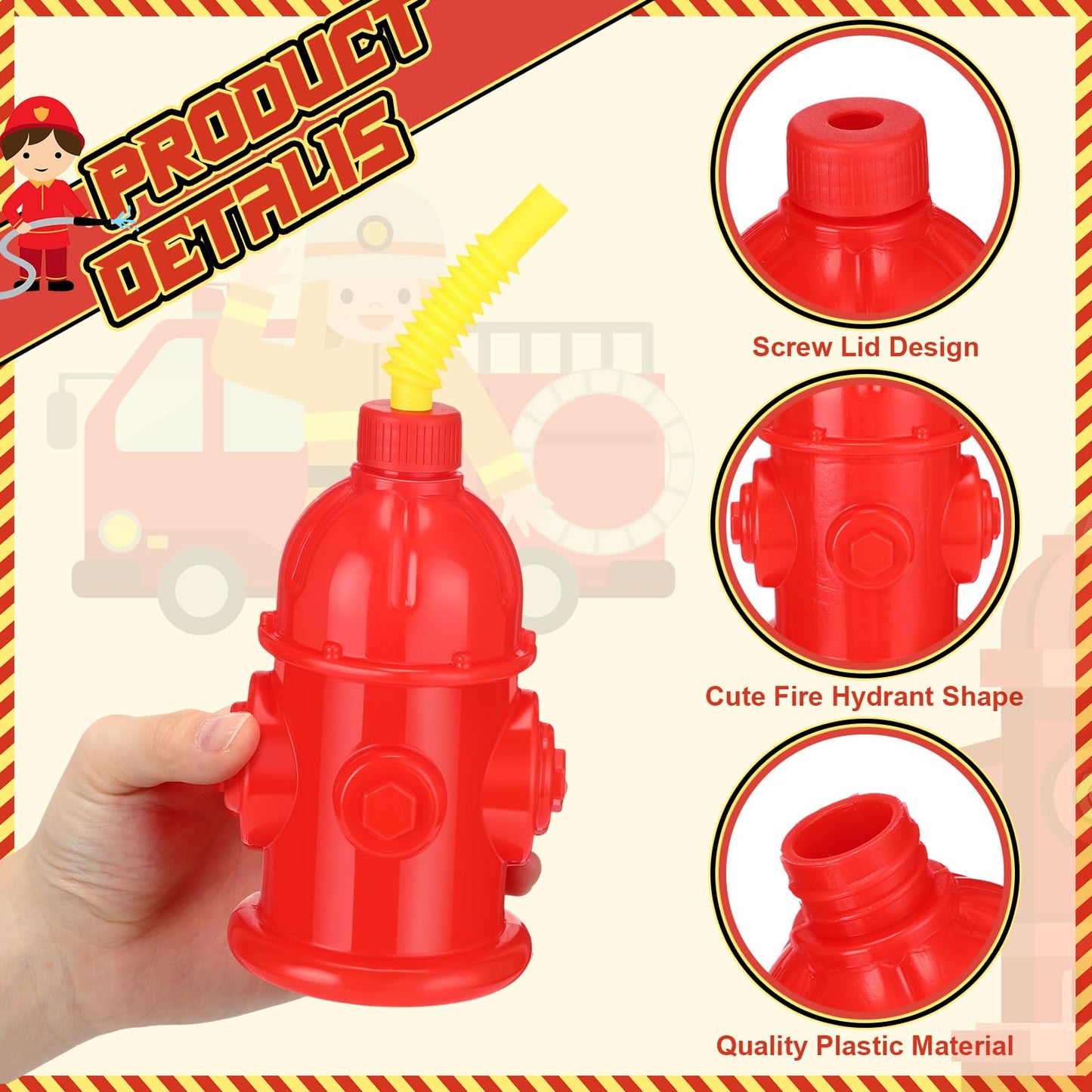 Panitay 24 Pcs 10oz Straw Fire Hydrant Cups with Lids Plastic Firefighter Patrol Party Favors Reusable Red Fire Truck Cup Decora