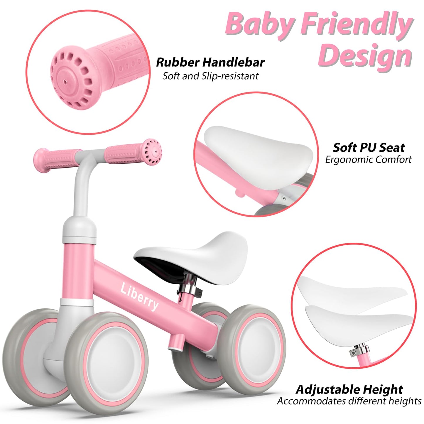 Liberry Baby Balance Bike For 1 Year Old Girls, 4 Wheels Toddler Balance Bike With Adjustable Seat, 12-36 Months Infant'S First