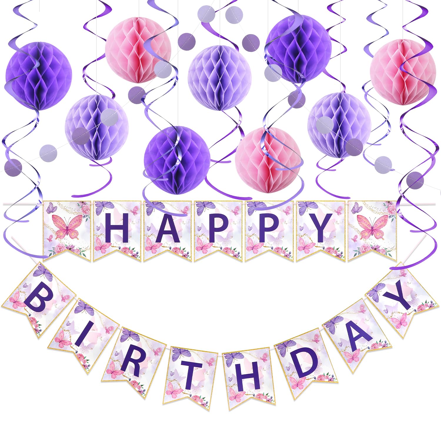 LITAUS, Birthday Decorations, NO DIY - Pack of 19 | Butterfly Happy Birthday Banner, Honeycomb Balls, Swirls, Garland | Happy Bi