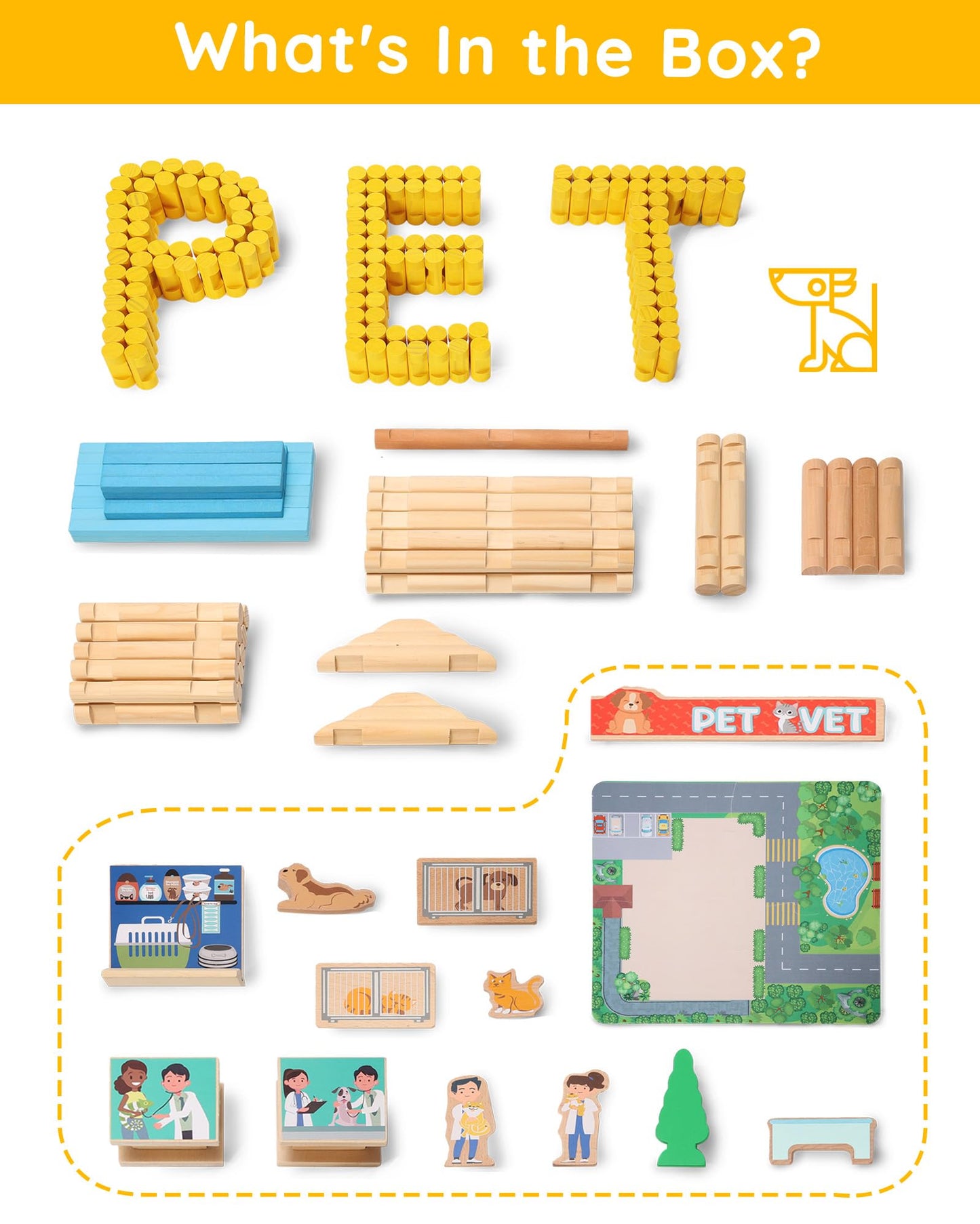 Sainsmart Jr. Wooden Logs Set - 229 Pcs Classic Building Toy For Kids, Pet Vet Log Kits Compatible With Lincoln Logs, Ages 3+