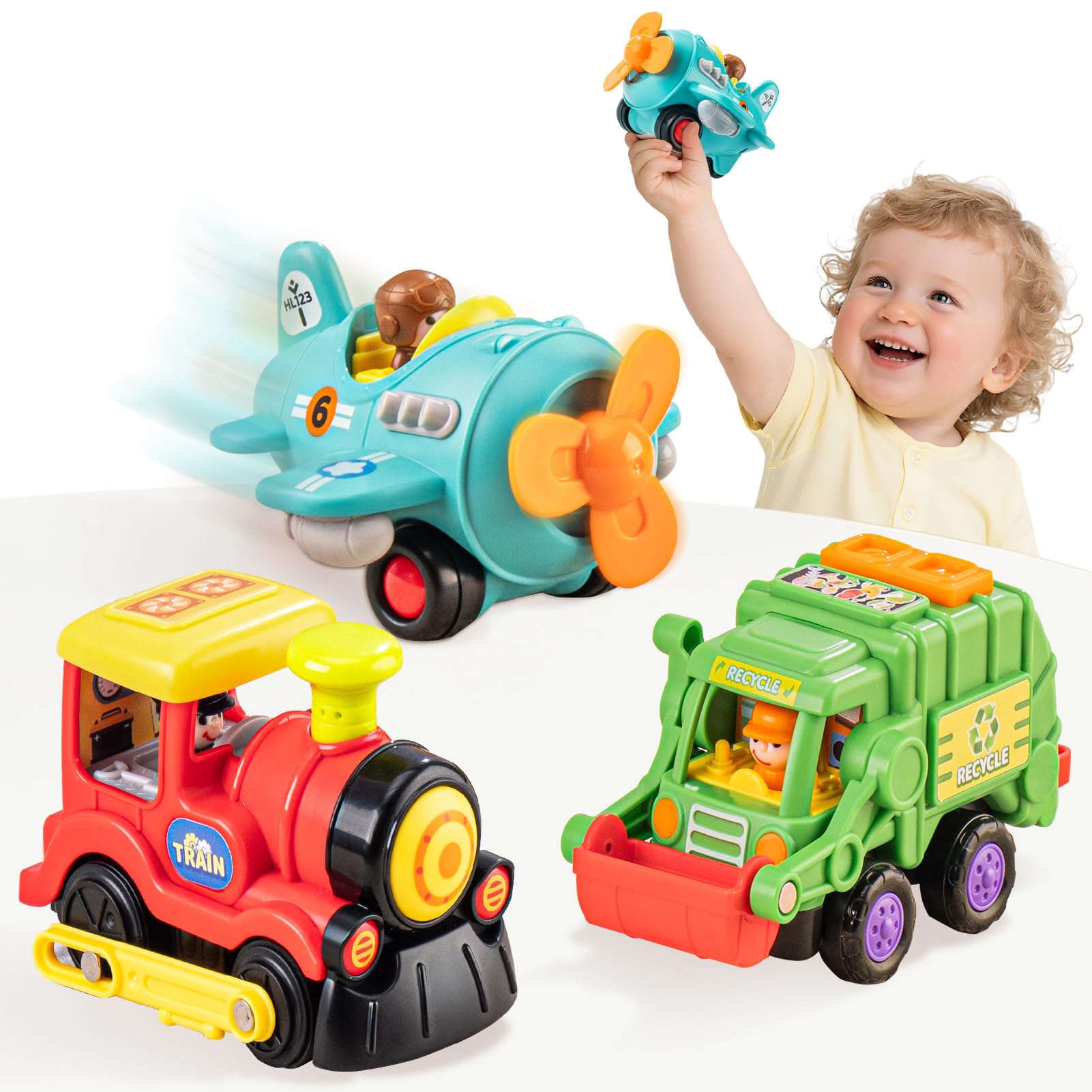HOLA Toys for 1 2 3 Year Old Boy Birthday Gift - 3 PCS Friction-Powered Trucks & Propeller Plane Toy, Garbage Truck & Train Todd