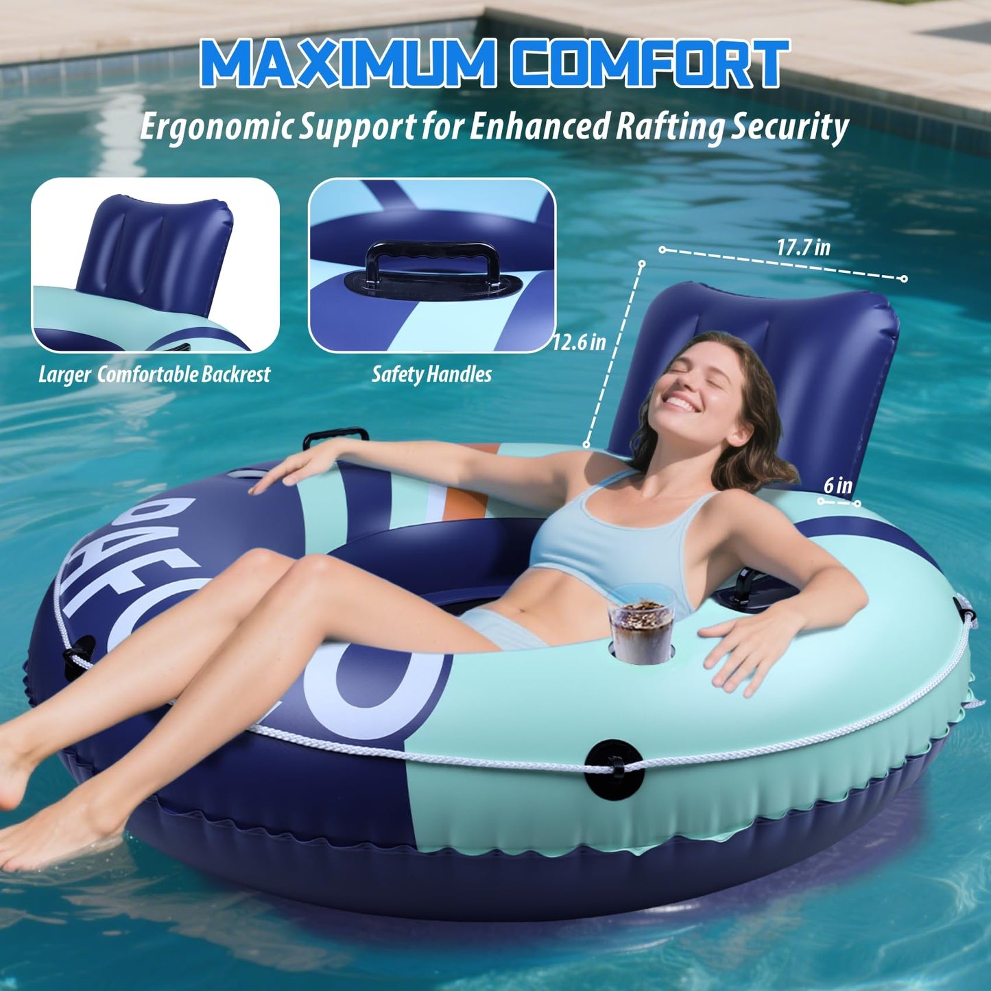 Inflatable River Tube Float  53Pool Float mature-themed  River Tubes for Floating Heavy Duty with Mesh Bottom  Water Tubes for Beach Lake Rafting  Comfortable Backrest & Cup Holders 450 lbs Weight Capacity