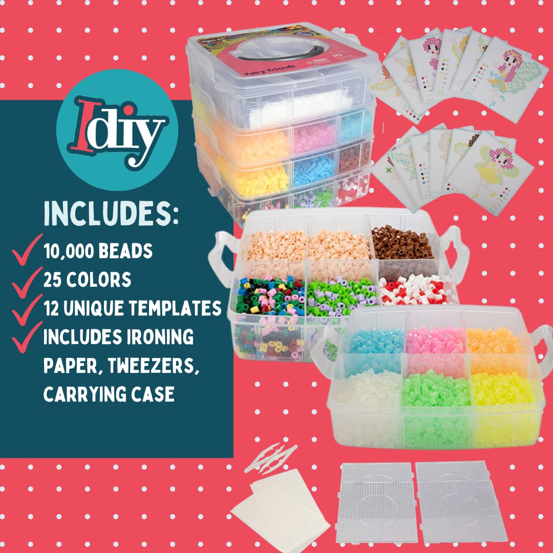 10,000pc Fuse Bead Fairy Kit w Carrier CASE-25 Colors, 12 Unique Templates, 4 Peg Boards, Tweezers, Ironing Paper- Bulk Art Craf