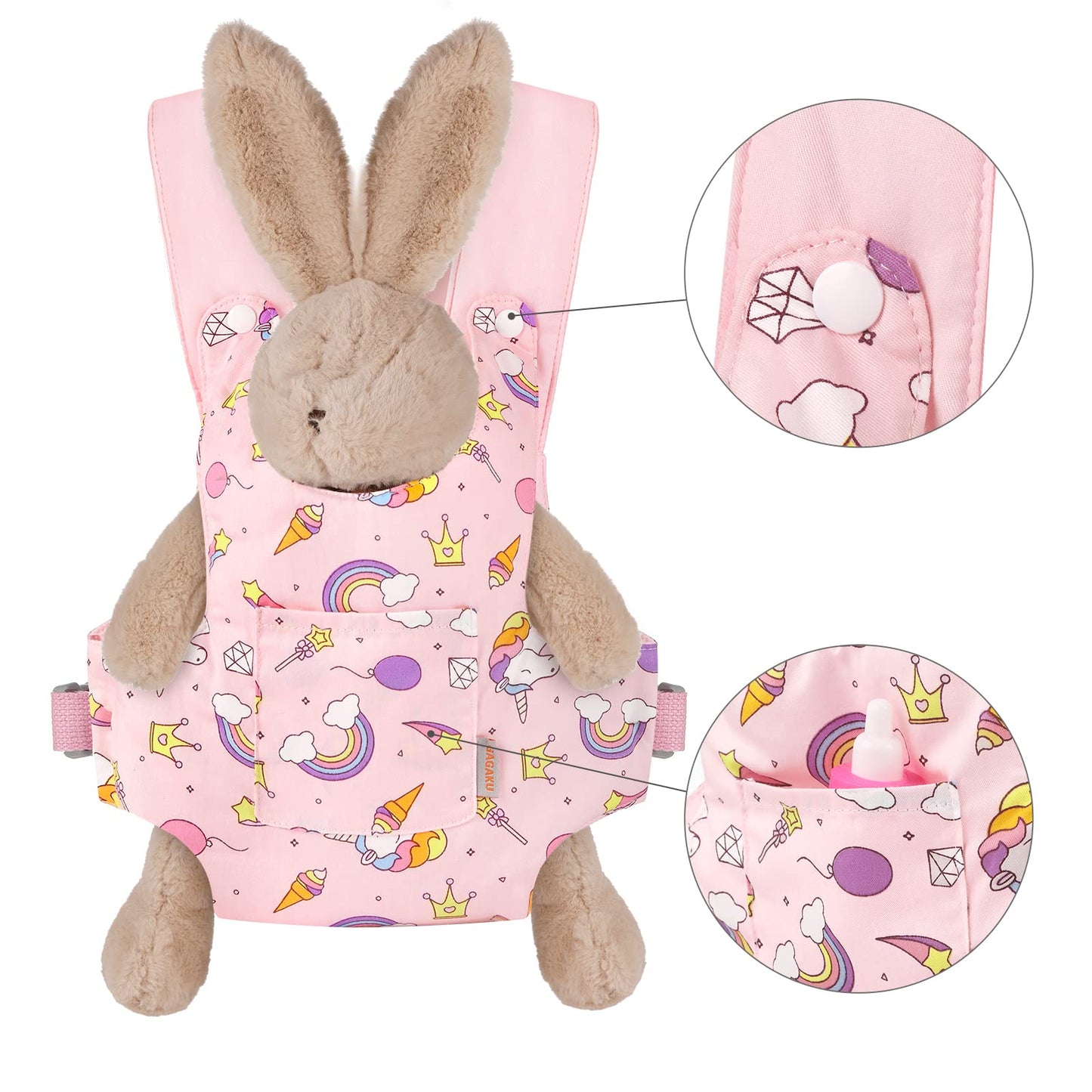 Gagaku Doll Carrier Doll Accessories Stuffed Animal Carrier With Adjustable Straps For Kids - Pink (Stars)